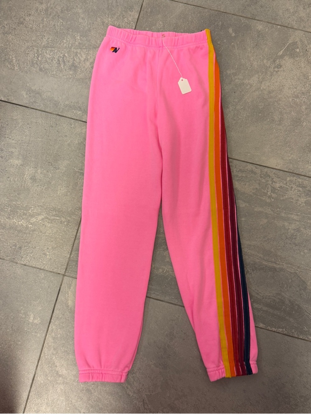 Aviator Nation Kids 5 Stripe Sweatpants Neon Pink Rainbow Size 14 Joggers Sweats - Picture 2 of 7